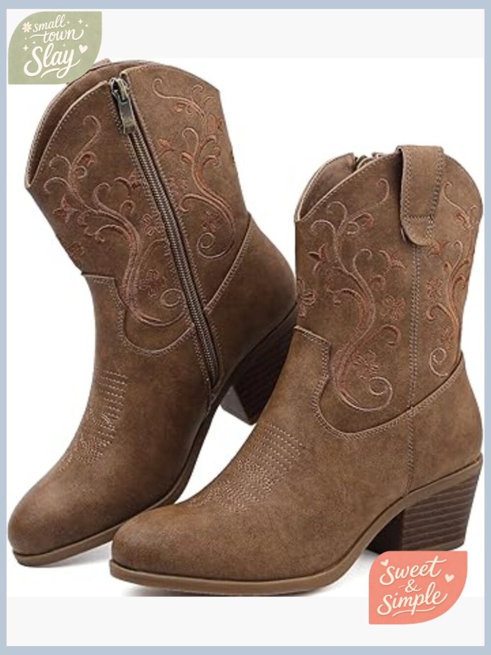 Western Cowboy Ankle Boots with Embroidered Design and Side Zipper